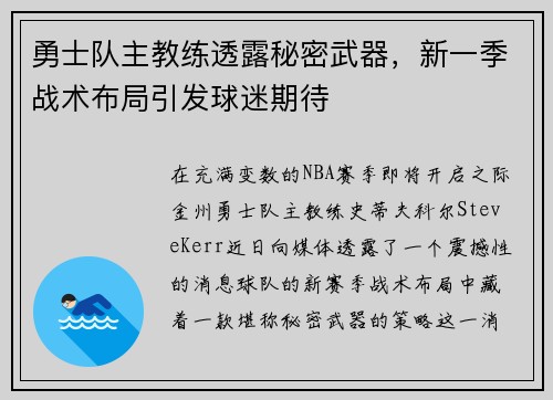 勇士队主教练透露秘密武器，新一季战术布局引发球迷期待