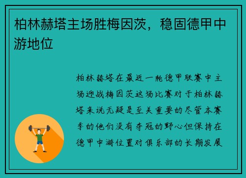 柏林赫塔主场胜梅因茨，稳固德甲中游地位