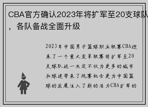 CBA官方确认2023年将扩军至20支球队，各队备战全面升级