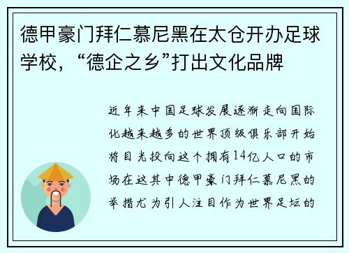 德甲豪门拜仁慕尼黑在太仓开办足球学校，“德企之乡”打出文化品牌